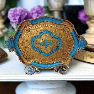 Vintage Florentine Tray Blue Gold Gilt Ornate Hand Painted Composite Italian MCM